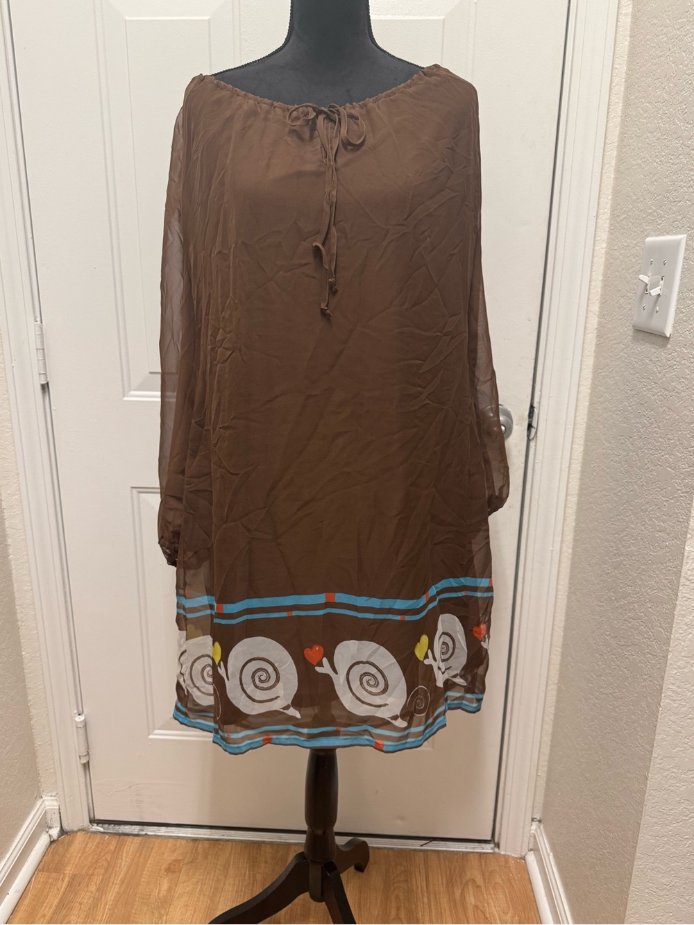 Women's Brown Long-Sleeve Sheer Tunic Dress with Snail Border